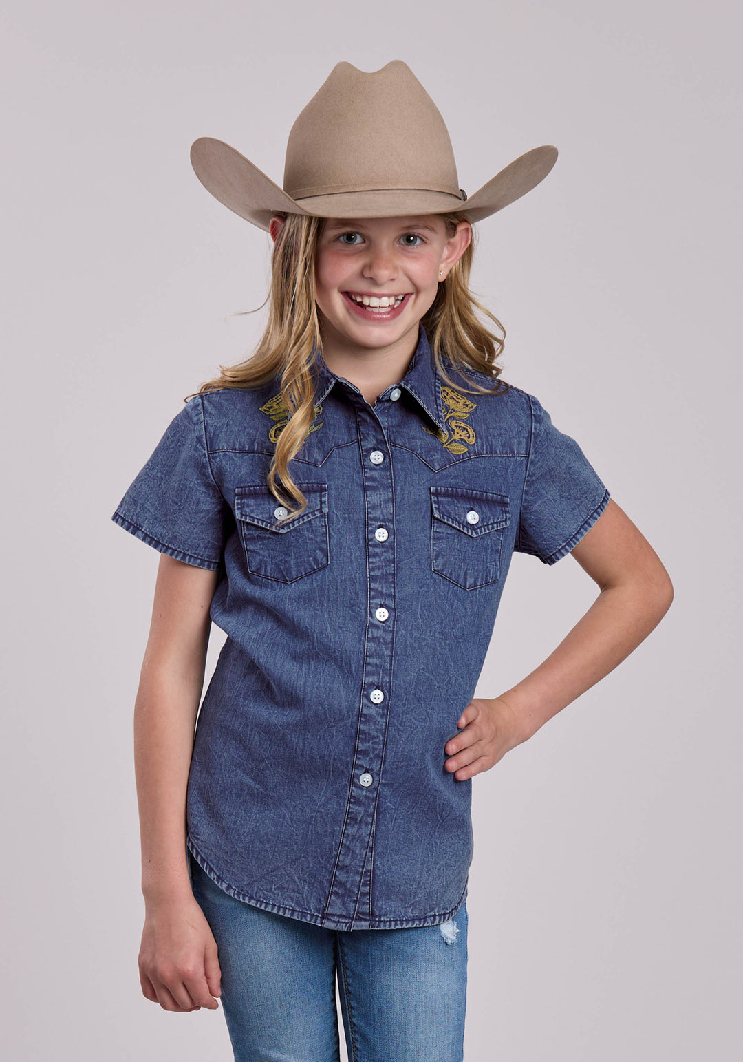 GIRLS ROPER BLUE DENIM WESTERN BLOUSE