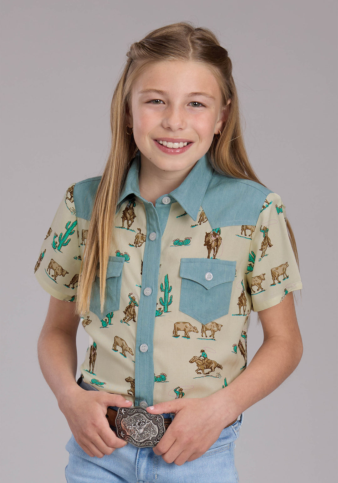 GIRLS ROPERS PRINTED RAYON SS BLOUSE SHORT SLEEVE BUTTON WESTERN SHIRT