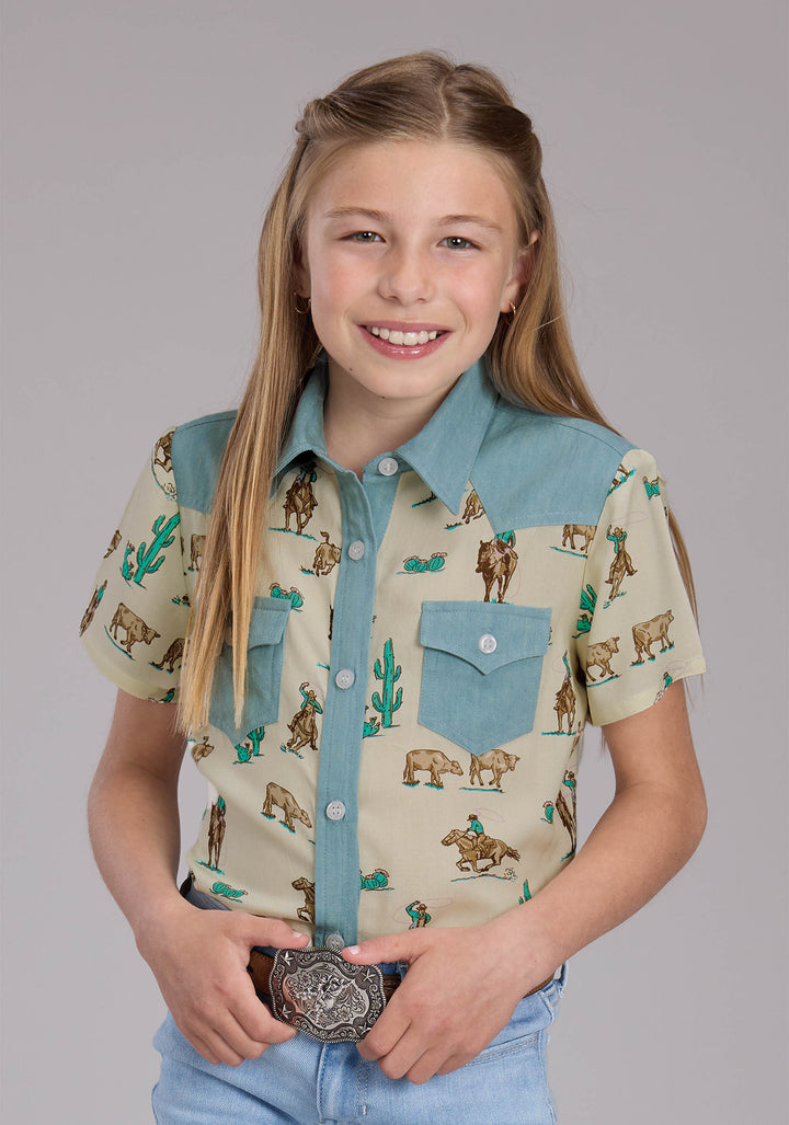 GIRLS ROPERS PRINTED RAYON SS BLOUSE SHORT SLEEVE BUTTON WESTERN SHIRT