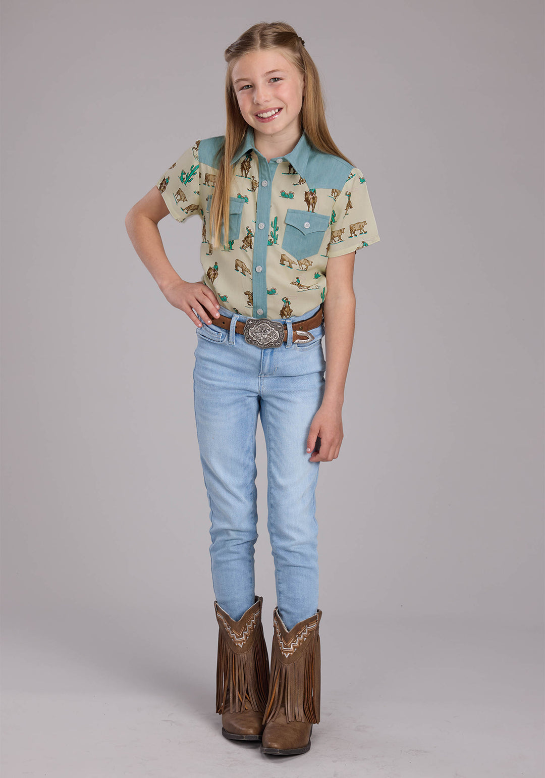 GIRLS ROPERS PRINTED RAYON SS BLOUSE SHORT SLEEVE BUTTON WESTERN SHIRT
