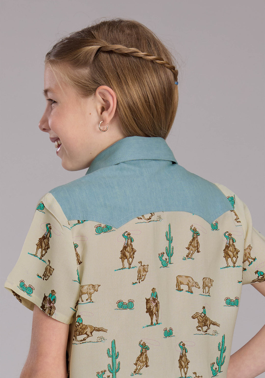 GIRLS ROPERS PRINTED RAYON SS BLOUSE SHORT SLEEVE BUTTON WESTERN SHIRT