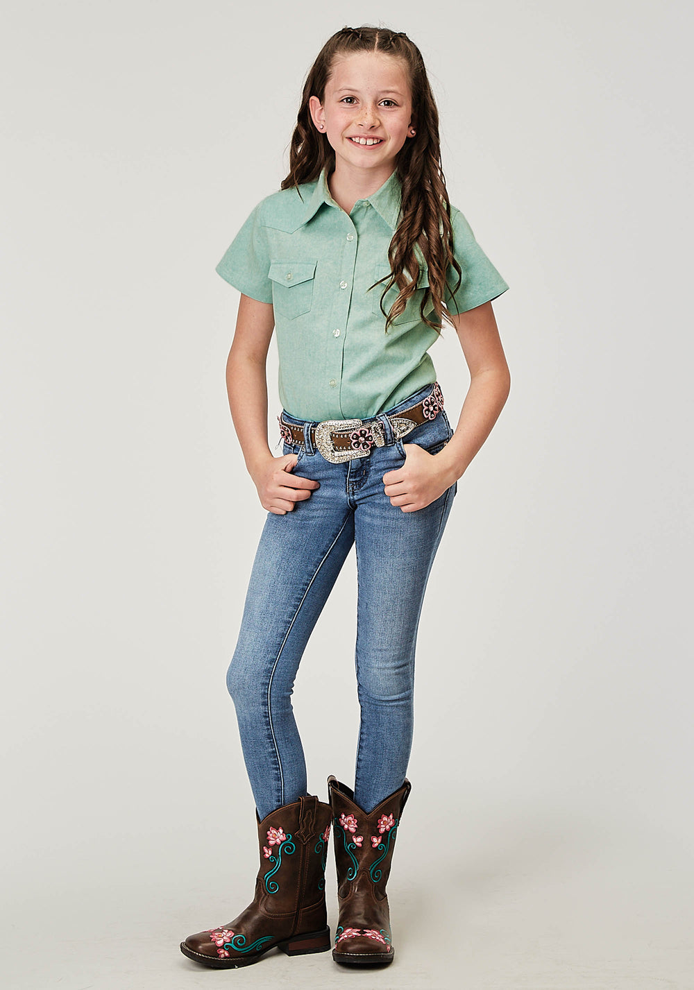 GIRLS SHORT SLEEVE BUTTON LIGHT BLUE DENIM WESTERN BLOUSE WITH 1 POINT FRONT AND BACK YOKES DOUBLE NEEDLE STITCHING