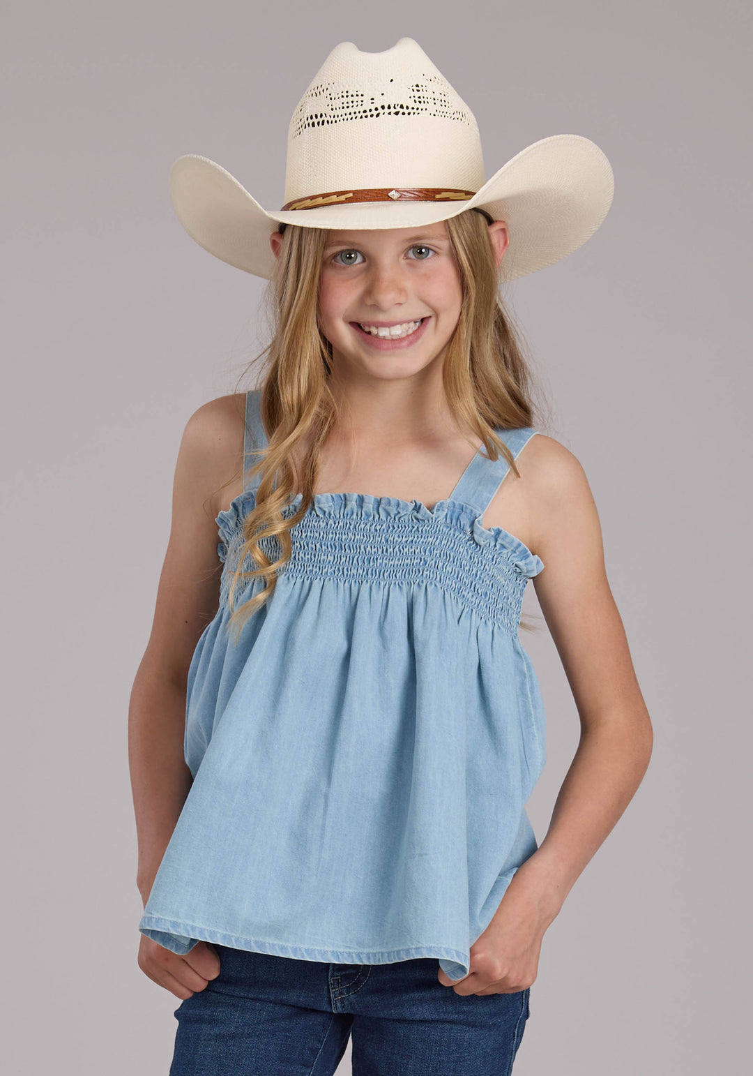 GIRLS LIGHT BLUE DENIM BABYDOLL TANK SLEEVELESS PULLOVER WESTERN SHIRT