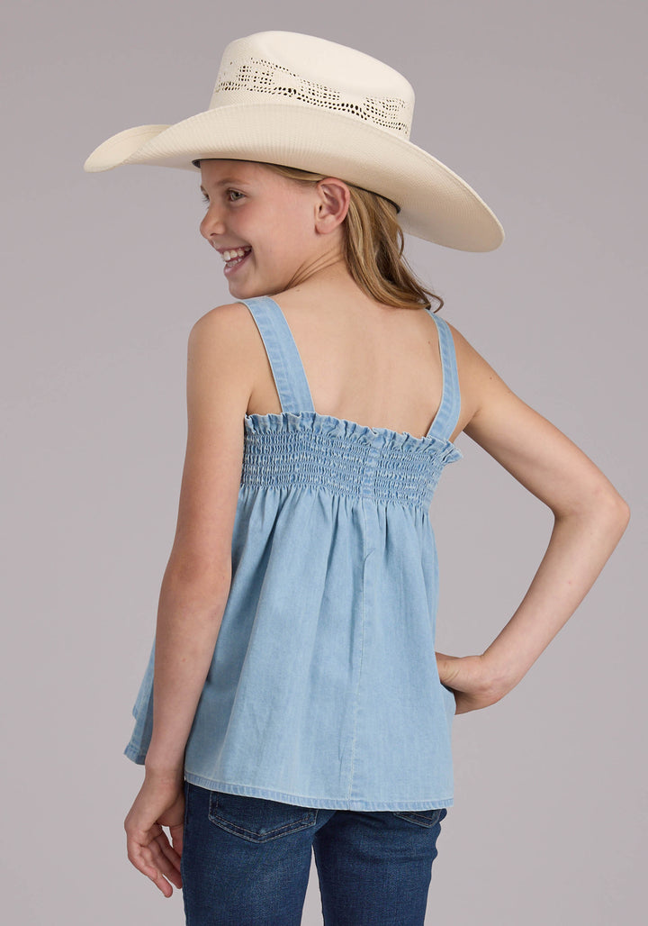 GIRLS LIGHT BLUE DENIM BABYDOLL TANK SLEEVELESS PULLOVER WESTERN SHIRT