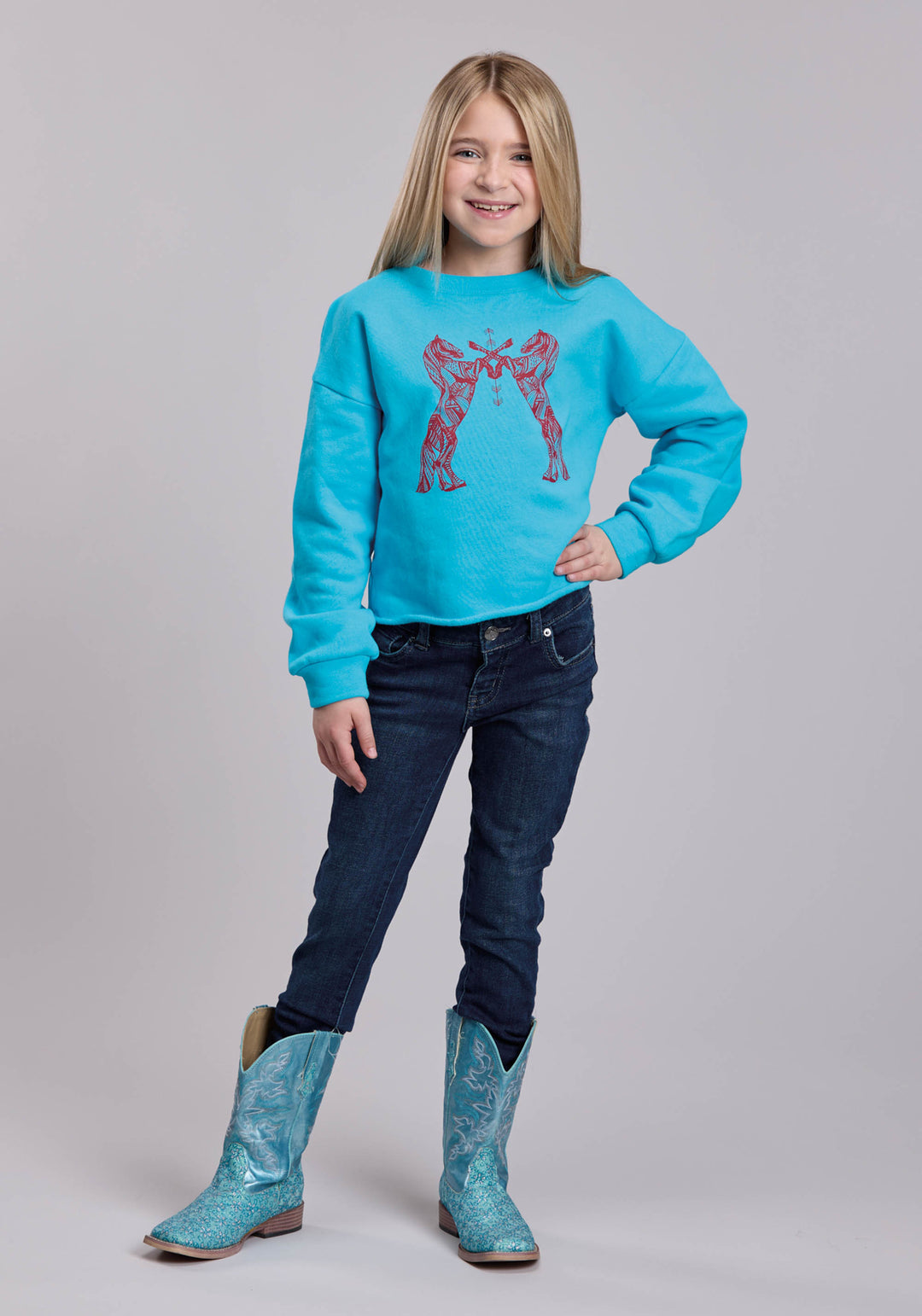 GIRLS ROPER COTTON FLEECE WESTERN CREW NECK PULLOVER SHIRT