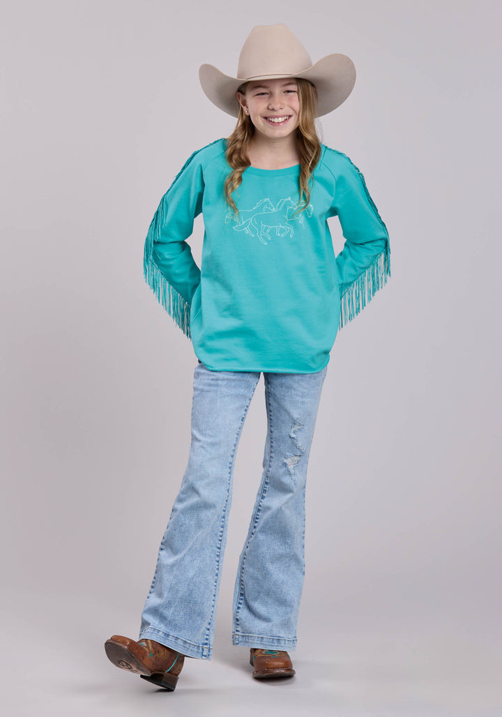GIRLS LONG SLEEVE PULLOVER COTTON FLEECE SWEATSHIRT WESTERN SHIRT