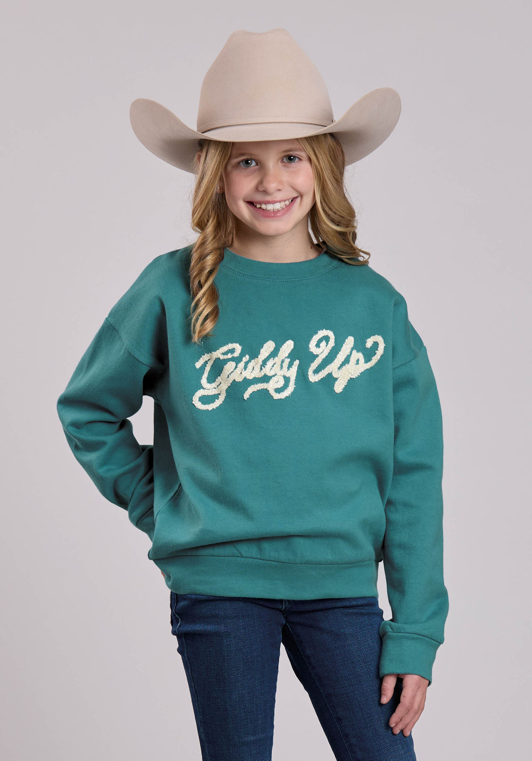 GIRLS LONG SLEEVE PULLOVER TURQUOISE COTTON FLEECE SWEATSHIRT WESTERN SHIRT