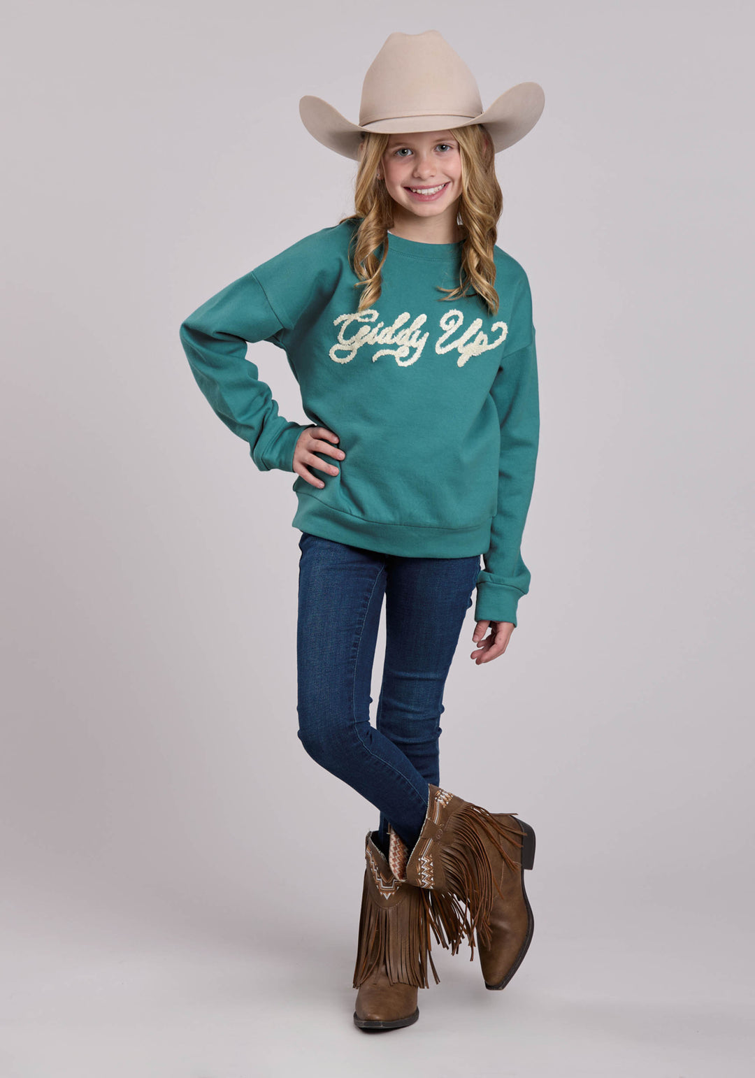 GIRLS LONG SLEEVE PULLOVER TURQUOISE COTTON FLEECE SWEATSHIRT WESTERN SHIRT