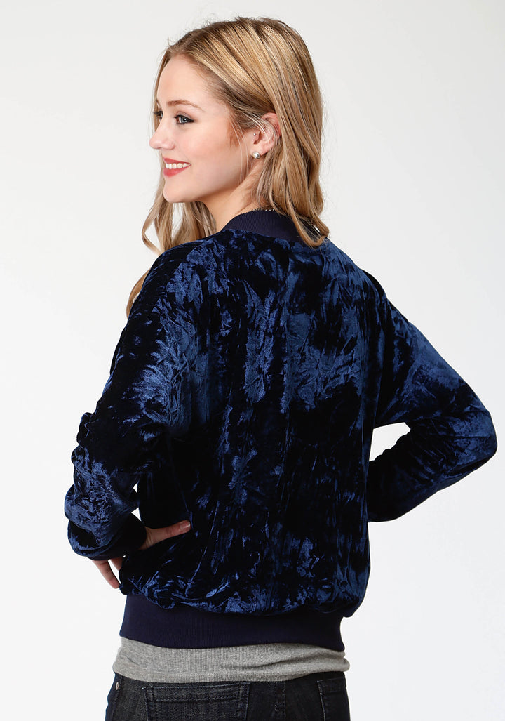 WOMENS NAVY BLUE CRUSHED VELVET  ZIP FRONT JACKET