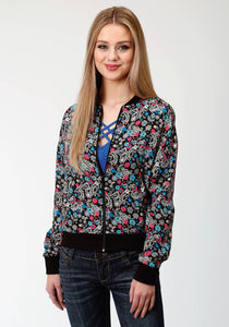 WOMENS BLACK FLOWER PRINT BOMBER JACKET