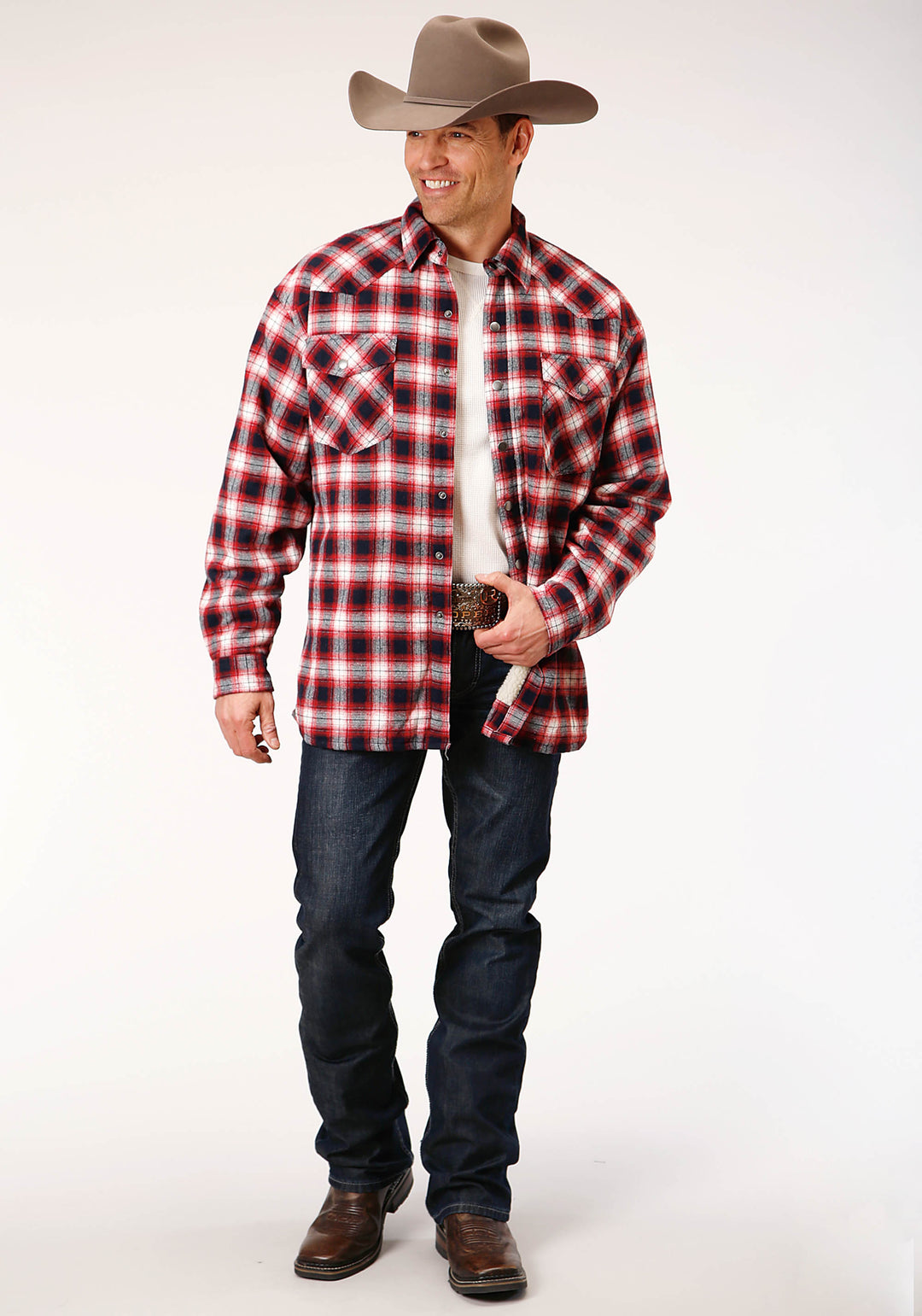 MENS LONG SLEEVE SNAP SHERPA LINED FLANNEL SHIRT JACKET