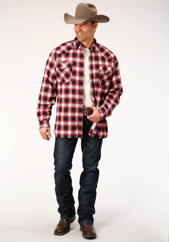MENS LONG SLEEVE SNAP SHERPA LINED FLANNEL SHIRT JACKET