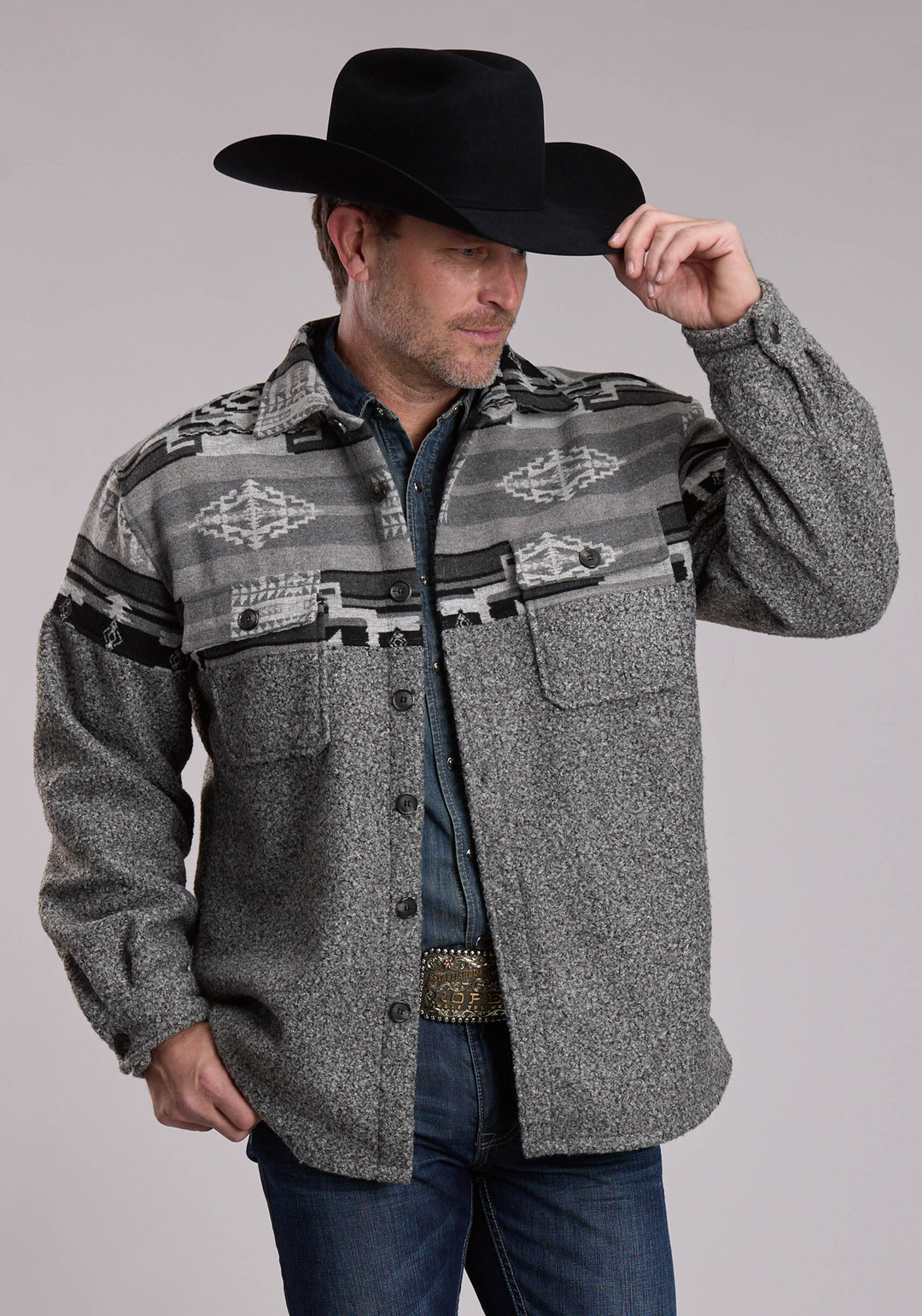 MENS ROPER GREY AND CHARCOAL AZTEC WESTERN SHIRT-JAC