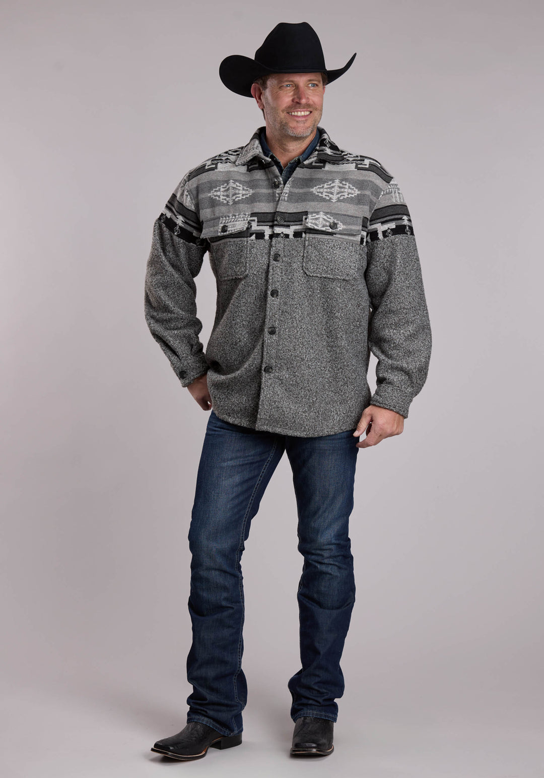 MENS ROPER GREY AND CHARCOAL AZTEC WESTERN SHIRT-JAC