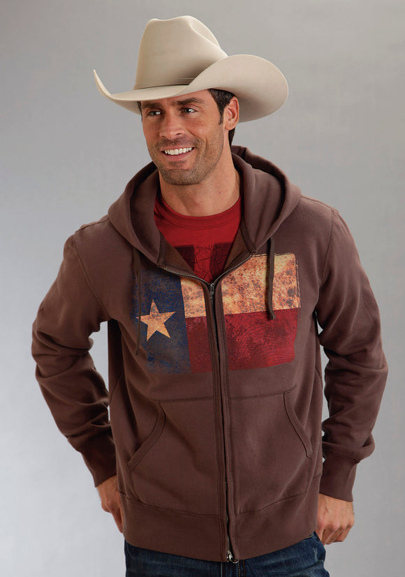 MENS BROWN WITH TEXAS FLAG SCREEN PRINT PULLOVER HOODED SWEATSHIRT