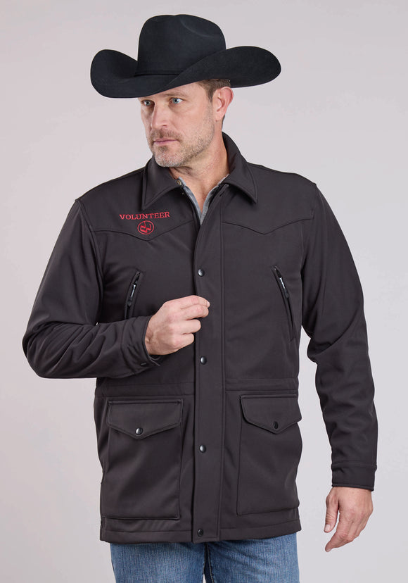 MEN'S FLEECE LINED SOFTSHELL BARN COAT* ZIPPER CHEST POCKETS * DRAW CORD WAIST* LOWER FLAP POCKETS* CENTER FRONT ZIPPER WITH STORM FLAP* 1 POINT FRONT AND BACK YOKES * EMBROIDERY DETAIL ON FRONT AND BACK YOKES