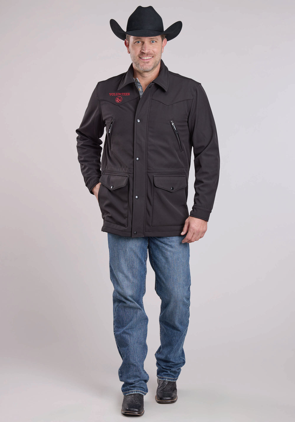 MEN'S FLEECE LINED SOFTSHELL BARN COAT* ZIPPER CHEST POCKETS*DRAW CORD WAIST* LOWER FLAP POCKETS* CENTER FRONT ZIPPER WITH STORM FLAP* 1     POINT FRONT AND BACK BACK YOKES * EMBROIDERY DETAIL ON FRONT AND BACK YOKES