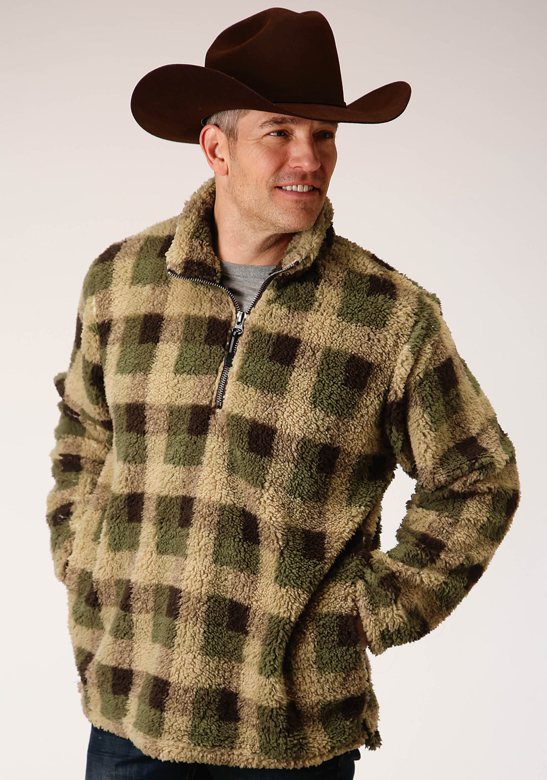 MENS GREY BROWN CHECK PRINT POLAR FLEECE PULLOVER