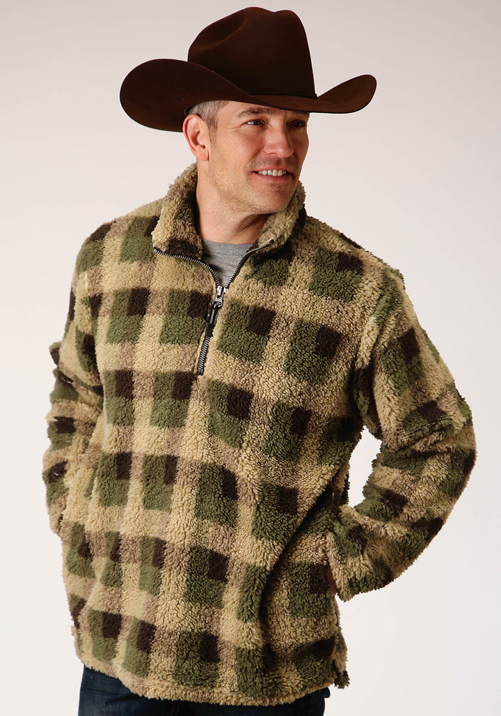 MENS GREY BROWN CHECK PRINT POLAR FLEECE PULLOVER