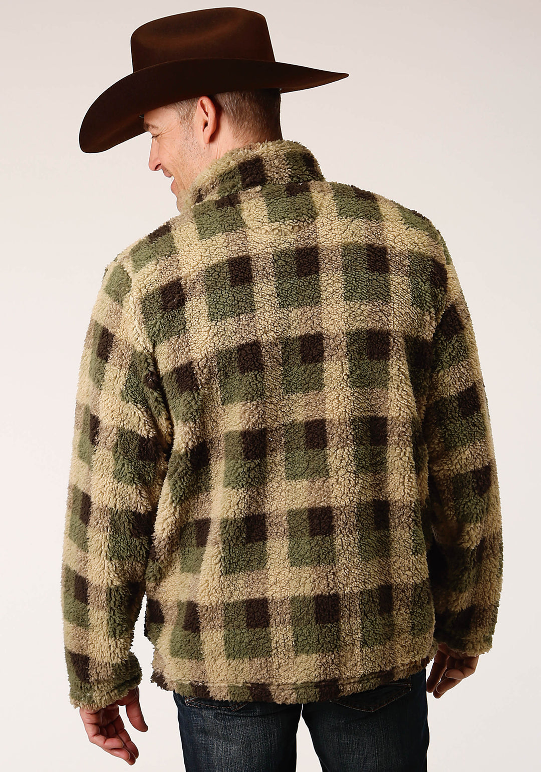 MENS GREY BROWN CHECK PRINT POLAR FLEECE PULLOVER