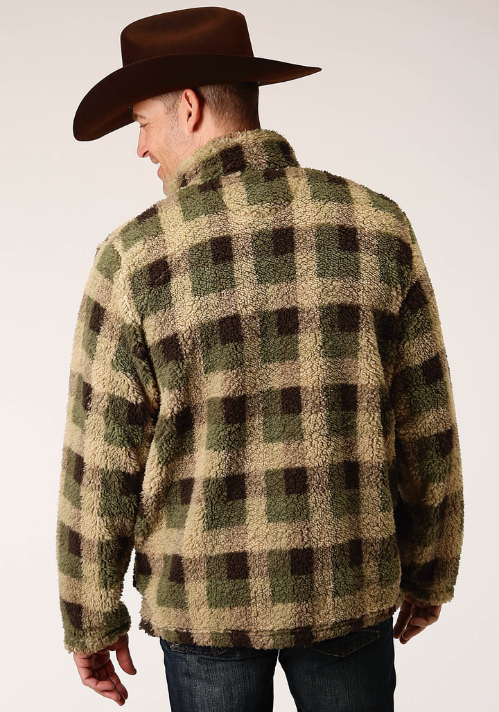 MENS GREY BROWN CHECK PRINT POLAR FLEECE PULLOVER