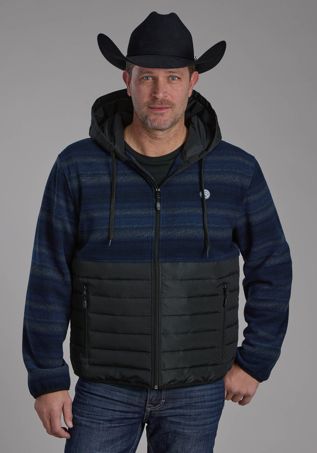 MENS BLUE GRAY PRINT FLEECE NYLON COMBO ZIPPER JACKET