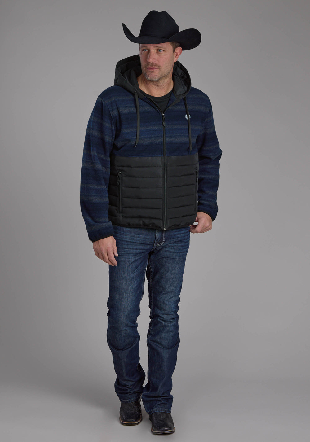 MENS BLUE GRAY PRINT FLEECE NYLON COMBO ZIPPER JACKET