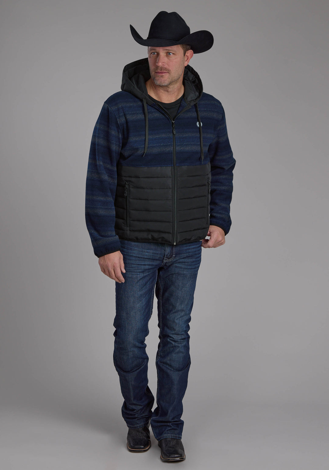 MENS BLUE GRAY PRINT FLEECE NYLON COMBO ZIPPER JACKET