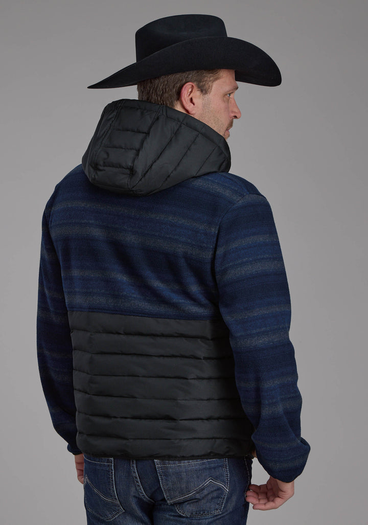 MENS BLUE GRAY PRINT FLEECE NYLON COMBO ZIPPER JACKET