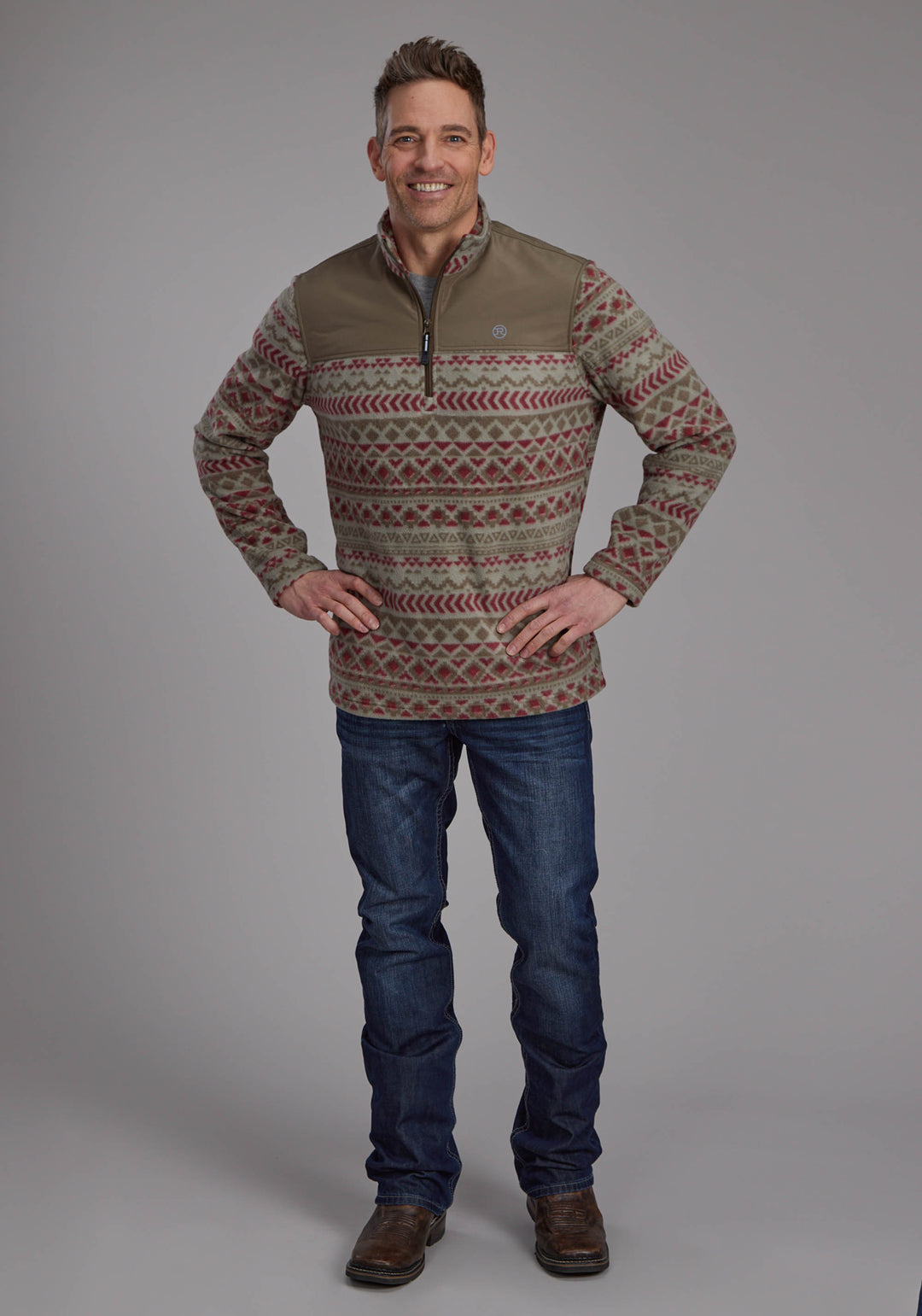 MENS RED OLIVE AZTEC PRINT MICRO FLEECE ZIPPER JACKET