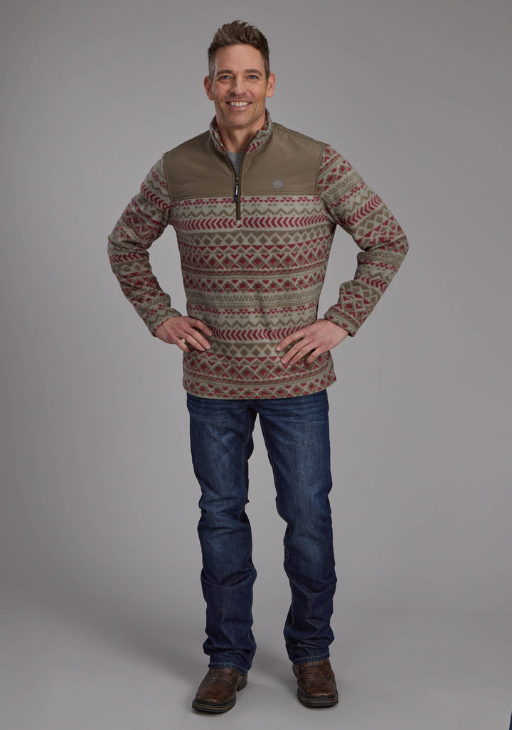 MENS RED OLIVE AZTEC PRINT MICRO FLEECE ZIPPER JACKET