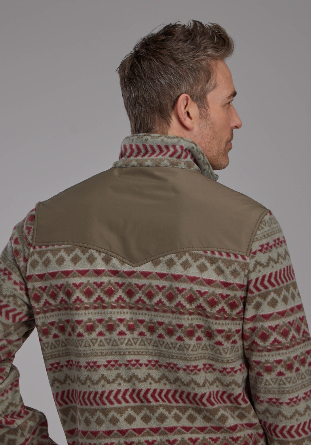 MENS RED OLIVE AZTEC PRINT MICRO FLEECE ZIPPER JACKET