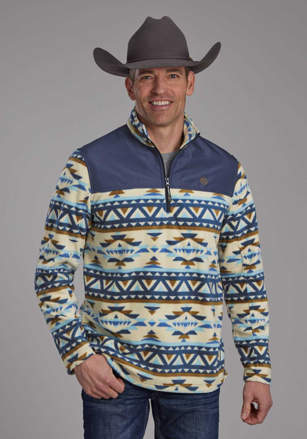 MENS CREAM NAVY AZTEC PRINT MICRO FLEECE ZIPPER JACKET