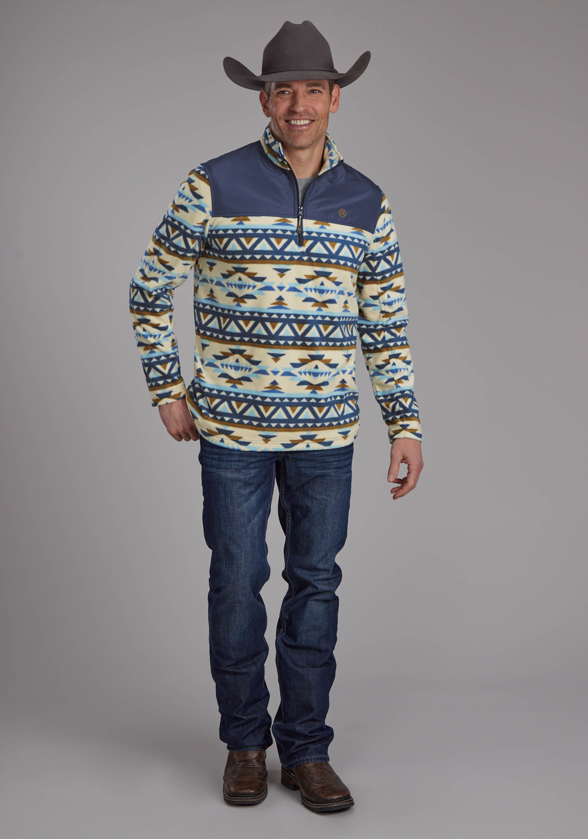 Mens Cream Navy Aztec Print Micro Fleece Zipper Jacket – Roper