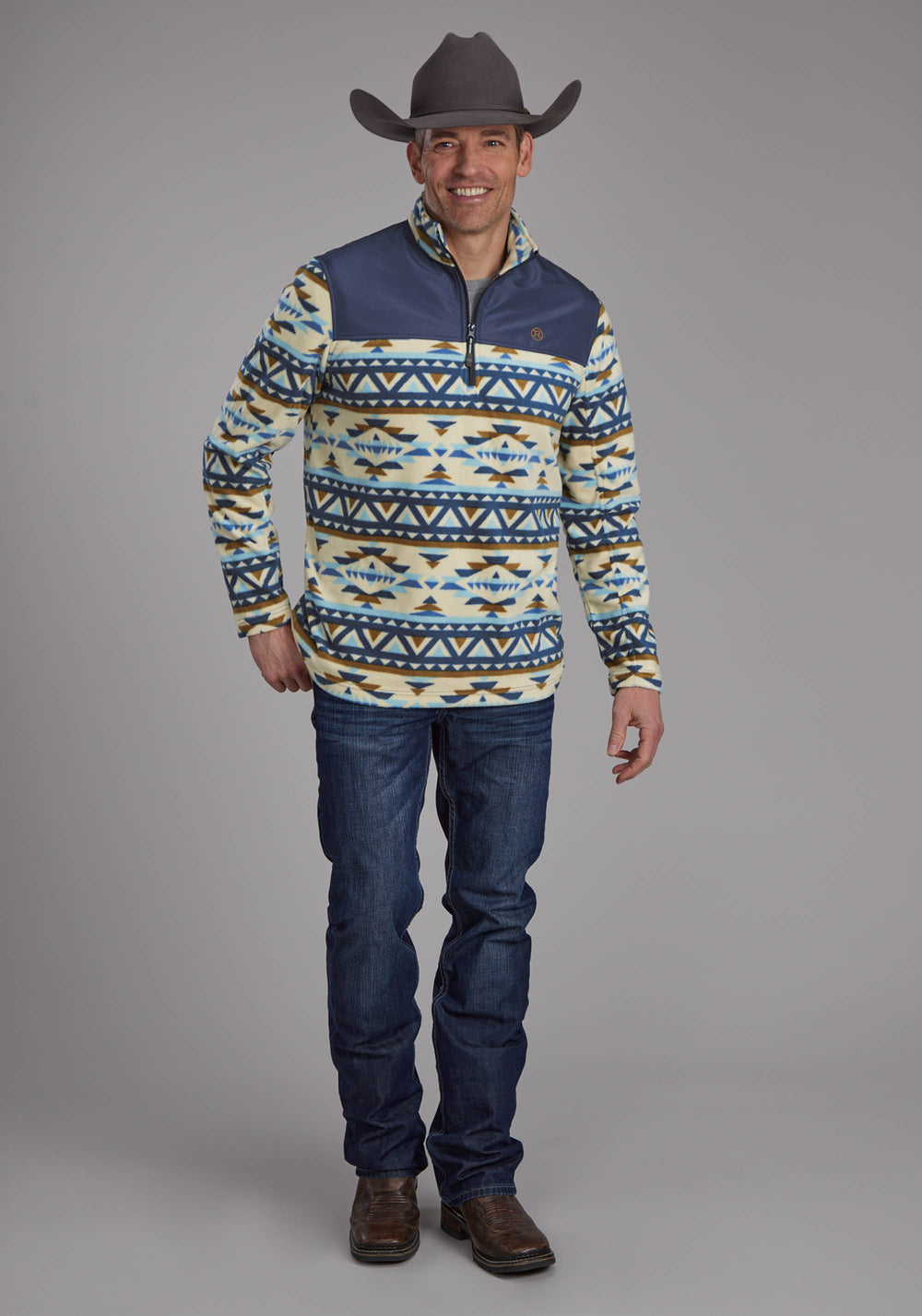 MENS CREAM NAVY AZTEC PRINT MICRO FLEECE ZIPPER JACKET