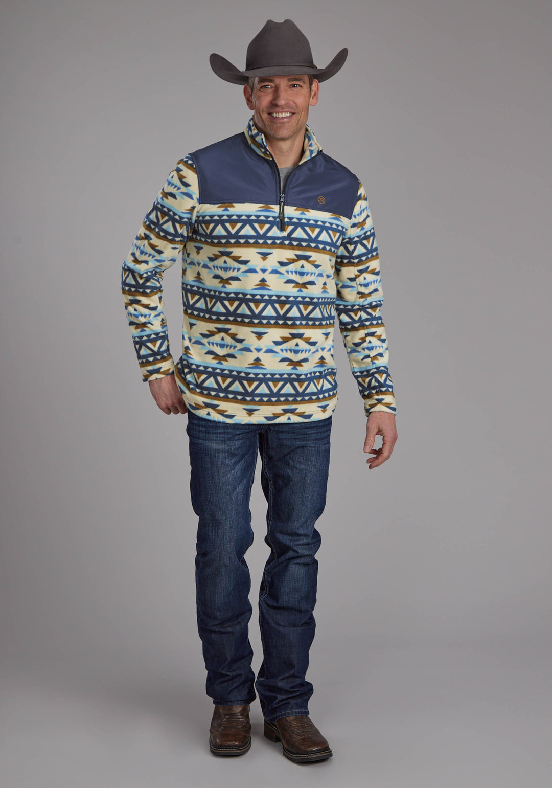 MENS CREAM NAVY AZTEC PRINT MICRO FLEECE ZIPPER JACKET