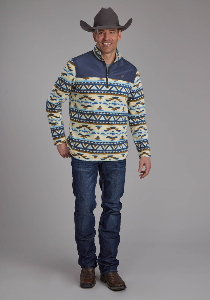 MENS CREAM NAVY AZTEC PRINT MICRO FLEECE ZIPPER JACKET
