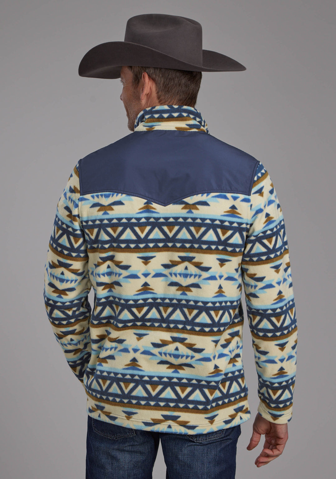 MENS CREAM NAVY AZTEC PRINT MICRO FLEECE ZIPPER JACKET