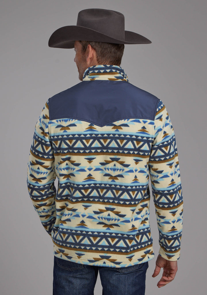 MENS CREAM NAVY AZTEC PRINT MICRO FLEECE ZIPPER JACKET