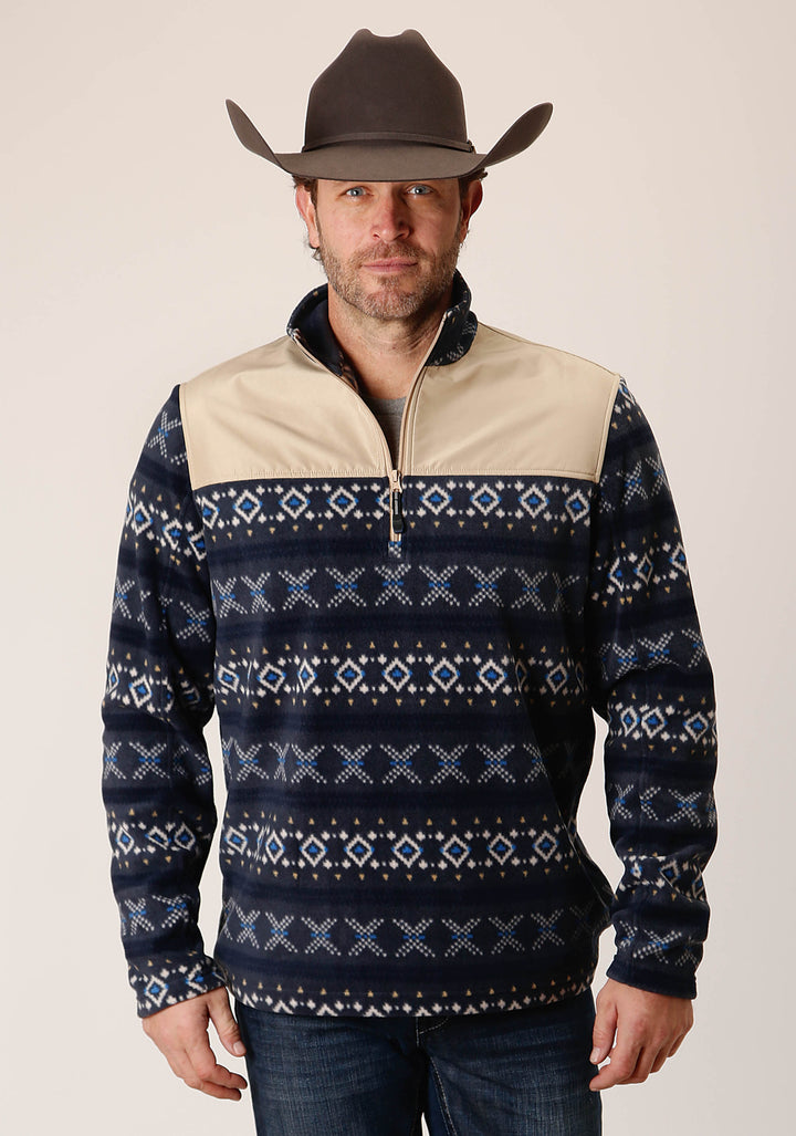 MENS NAVY AZTEC PRINT MICRO FLEECE PULLOVER