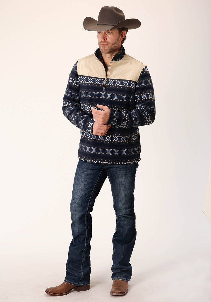 MENS NAVY AZTEC PRINT MICRO FLEECE PULLOVER