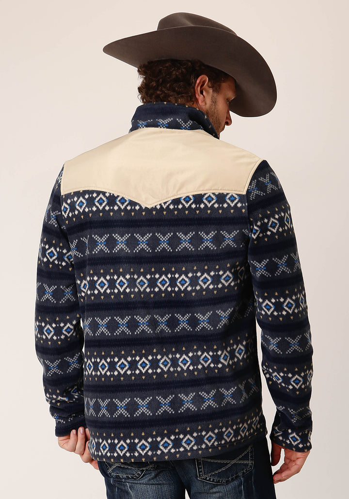 MENS NAVY AZTEC PRINT MICRO FLEECE PULLOVER