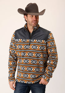 MENS ORANGE AZTEC PRINT MICRO FLEECE PULLOVER