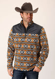 MENS ORANGE AZTEC PRINT MICRO FLEECE PULLOVER