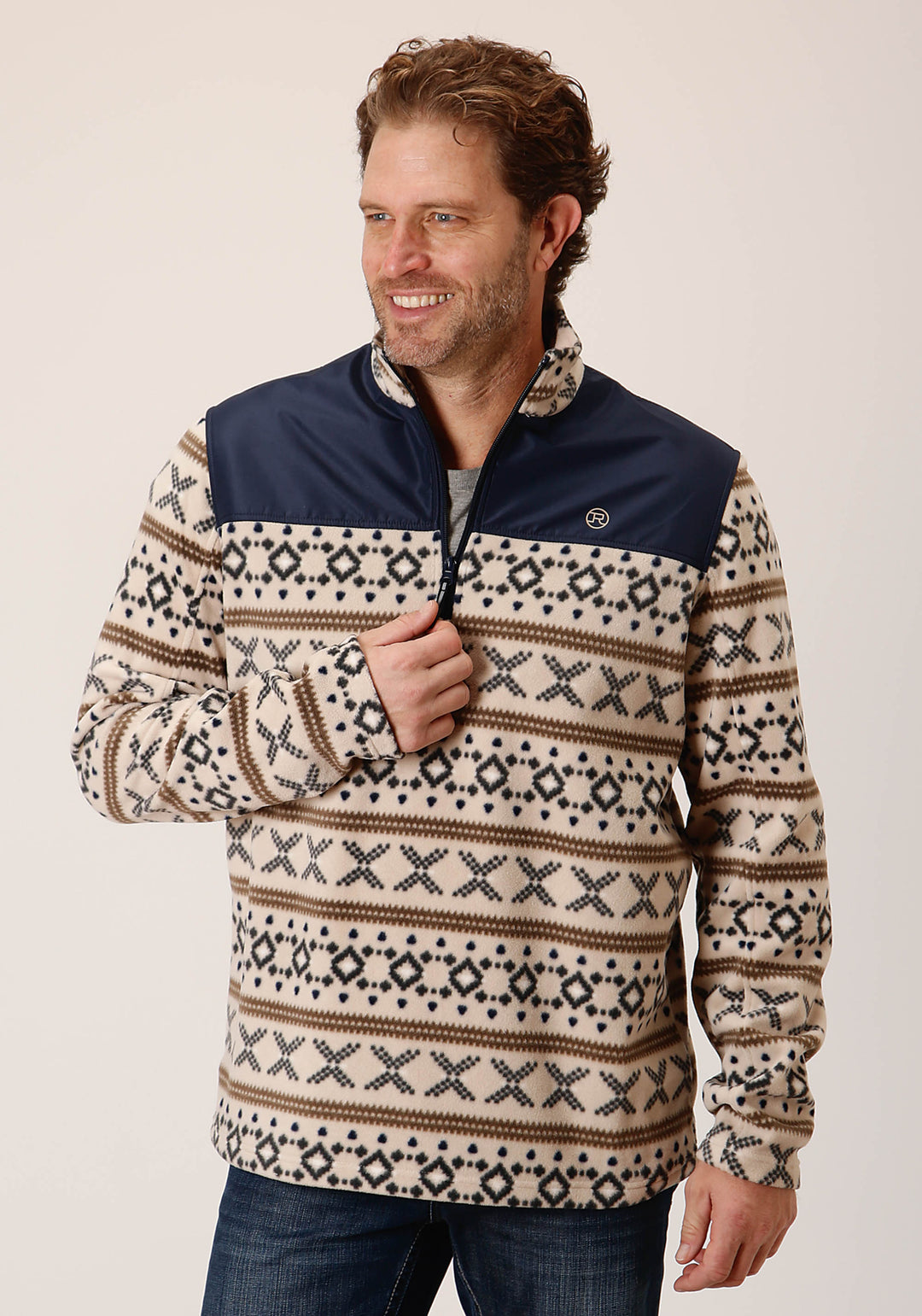 Mens Cream Aztec Print Micro Fleece Pullover – Roper Apparel