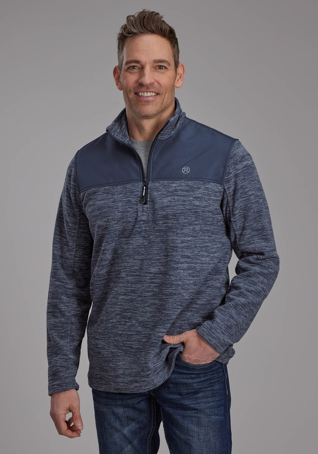 MENS BLUE GRAY MICRO FLEECE 3/4 ZIP FT ZIPPER JACKET