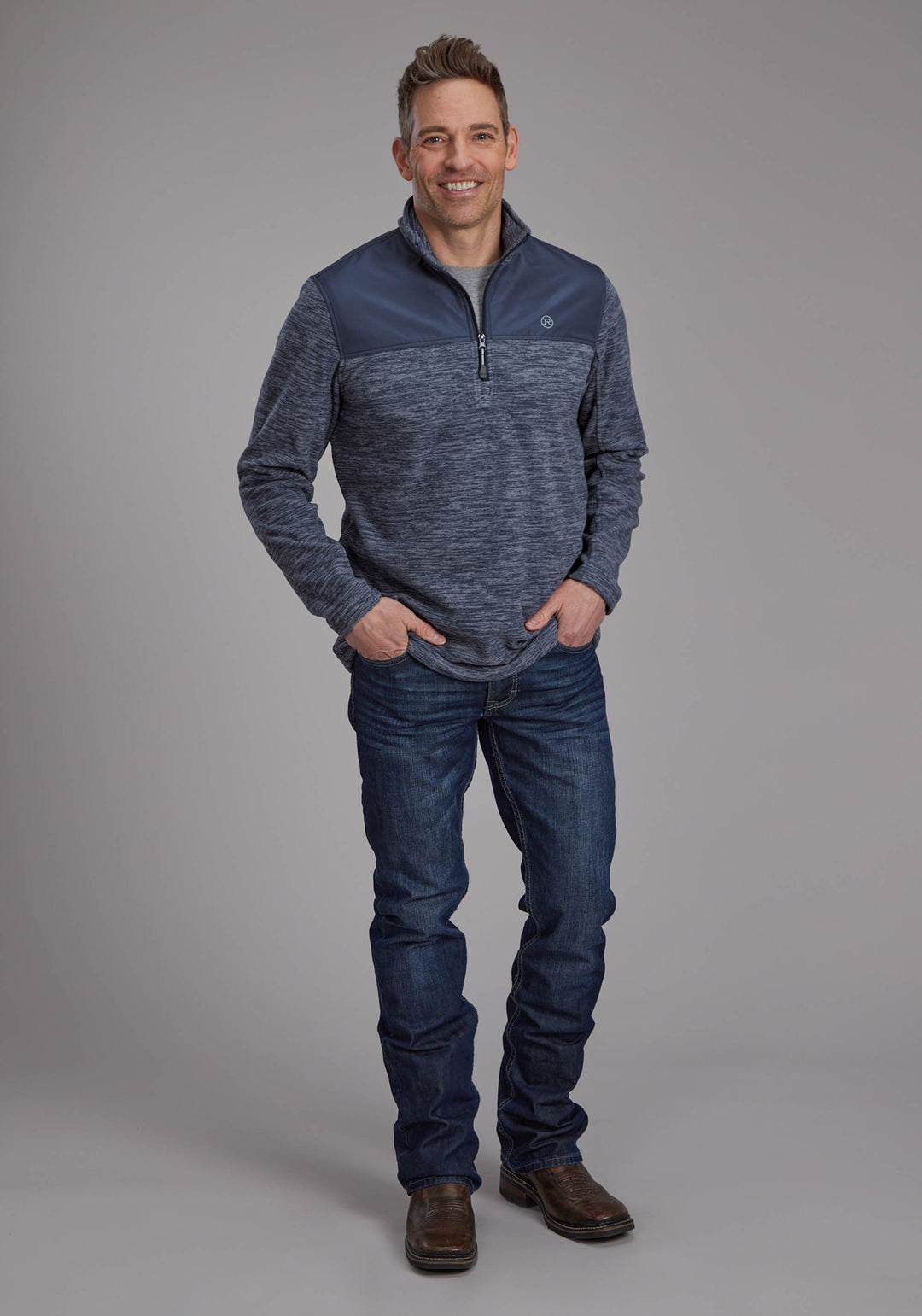 MENS BLUE GRAY MICRO FLEECE 3/4 ZIP FT ZIPPER JACKET