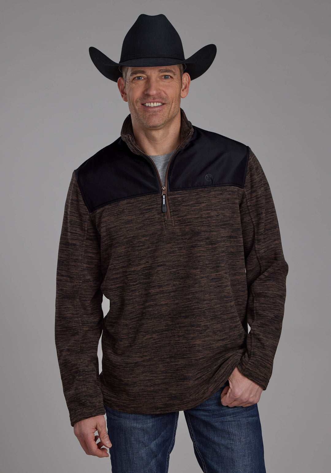 MENS BROWN BLACK MICRO FLEECE 3/4 ZIP FT ZIPPER JACKET