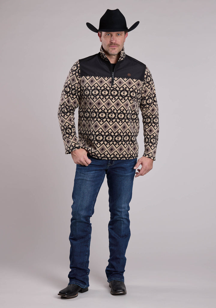 MENS JACKET ZIPPER BR BLACK AZTEC PRINT MICRO FLEECE WESTERN JACKET