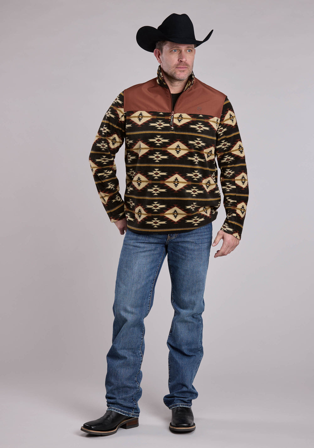 MENS JACKET ZIPPER BLACK GO RT AZTEC PRINT MICRO FLEECE WESTERN JACKET